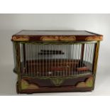 A VINTAGE HAND PAINTED WOODEN BIRD CAGE, 28 X 38 X 22CM