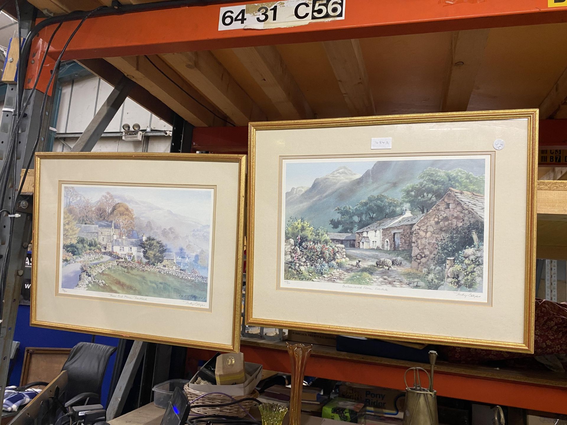 TWO LARGE GILT FRAMED JUDY BOYES PENCIL SIGNED PRINTS OF COUNTRYSIDE SCENES