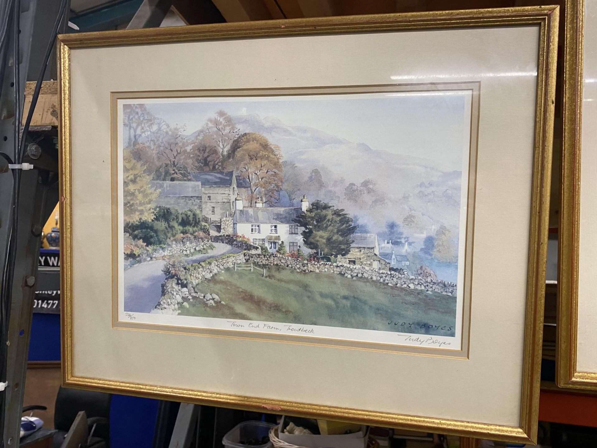 TWO LARGE GILT FRAMED JUDY BOYES PENCIL SIGNED PRINTS OF COUNTRYSIDE SCENES - Image 4 of 4