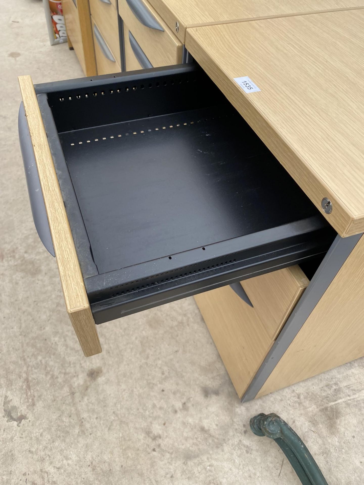 THREE LOW WOODEN THREE DRAWER FILING CABINETS AND A TALL FOUR DRAWER WOODEN FILING CABINET - Image 3 of 3