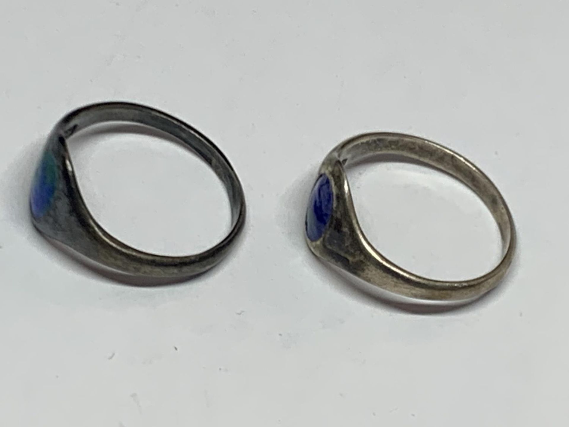 TWO ART NOUVEAU HALLMARKED SILVER AND BLUE ENAMEL SIGNET RINGS - Image 2 of 2