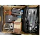 A BOX OF ASSORTED VINTAGE CAMERAS AND ACCESSORIES