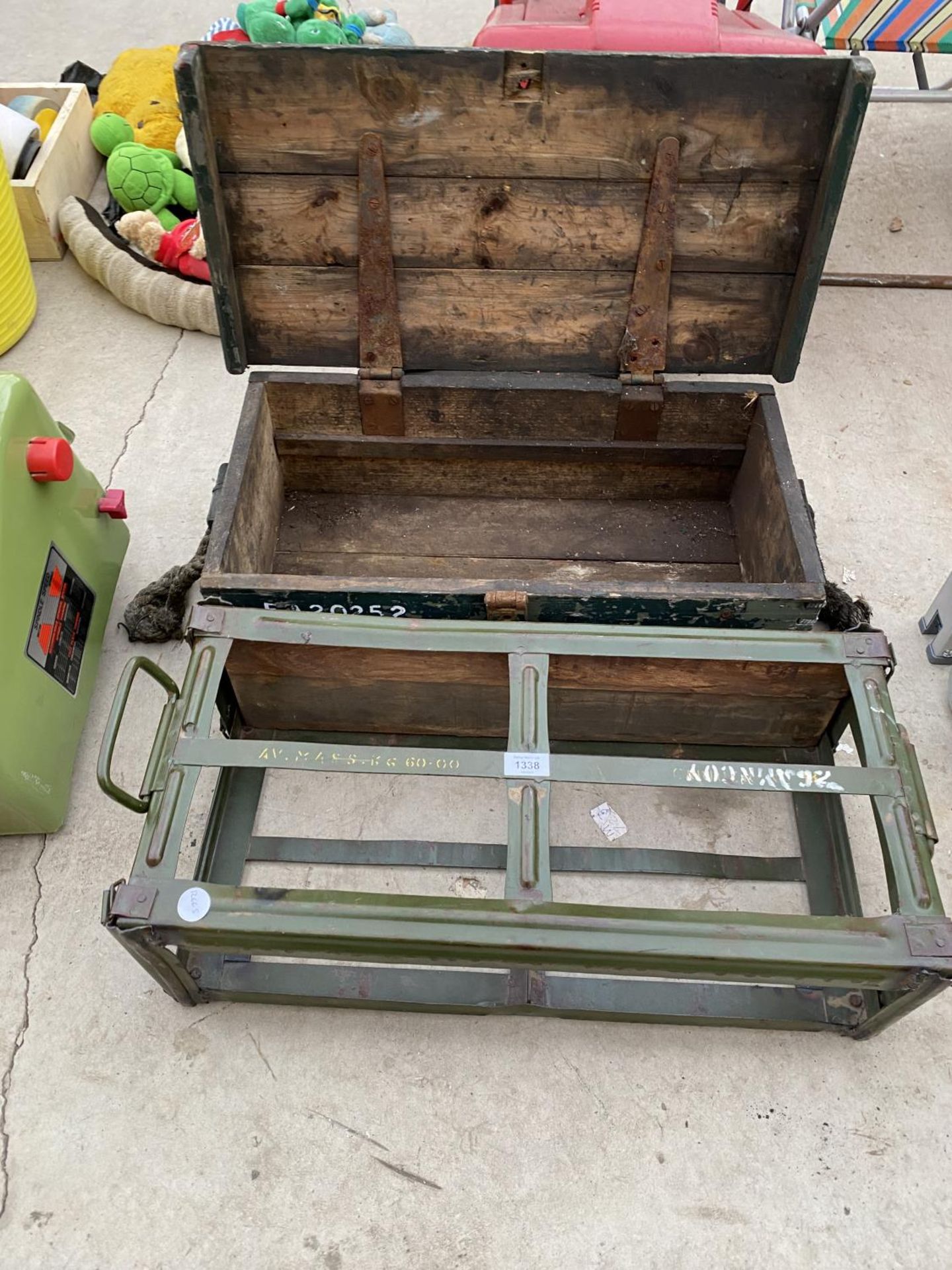 A VINTAGE WOODEN TOOL CHEST AND A FURTHER METAL CRATE