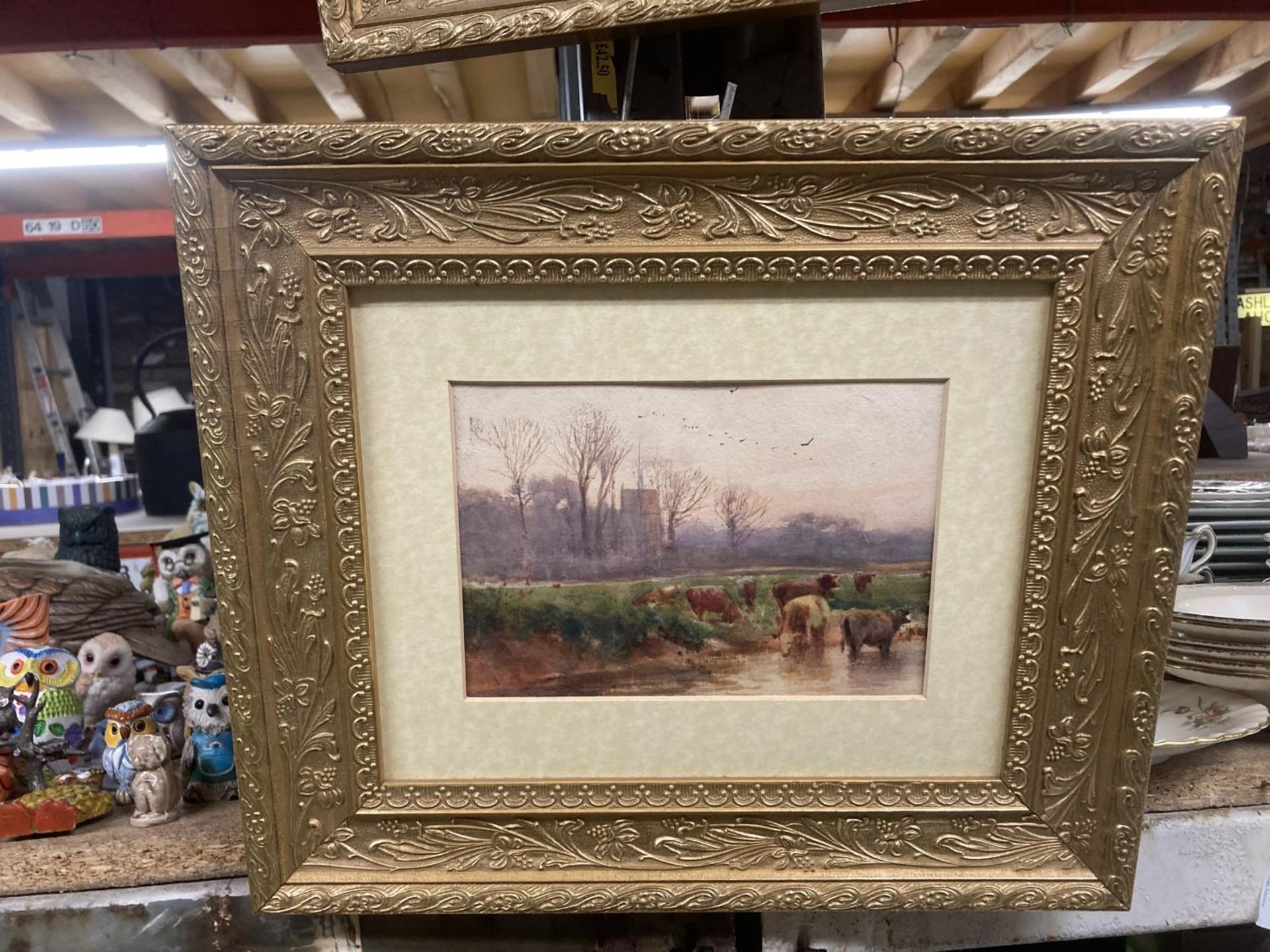 TWO ORNATE GILT FRAMED PRINTS OF CATTLE NEAR A RIVER AND A LADY COLLECTING FLOWERS BY A RIVER 35CM X - Image 2 of 3