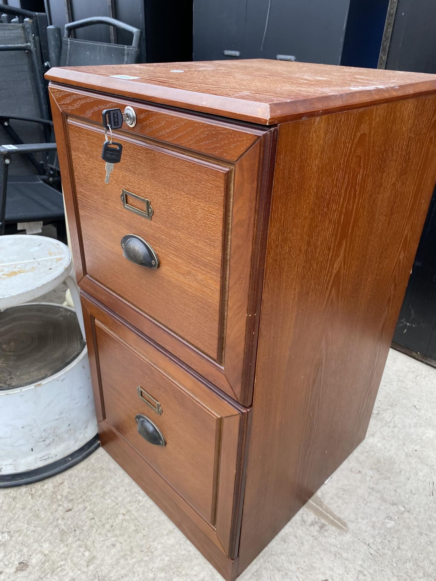 A WOODEN TWO DRAWER FILING CABINET, A KITCHEN STOOL AND A STEP ETC - Image 2 of 4