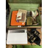 A MIXED LOT OF VINTAGE ITEMS HOUSED IN A VICTORIAN CASH BOX TO INCLUDE COINS, BOXED CUFFLINKS, OPERA