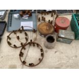 AN ASSORTMENT OF VINTAGE TINS AND SEVEN WROUGHT IRON GARDEN CANDLE HOLDERS