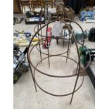 A PAIR OF WROUGHT IRON LOBSTER POT STYLE PLANT SUPPORTS