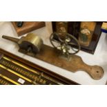 A SET OF VINTAGE BRASS BELLOWS ON WOODEN STAND, LENGTH 73CM