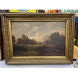 A TOM.J.YARWOOD LARGE GILT FRAMED OIL ON CANVAS PAINTING OF A FARMING SCENE, SIGNED LOWER RIGHT,