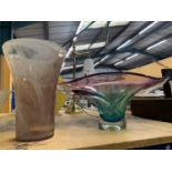 TWO LARGE HEAVY ART GLASS PIECES TO INCLUDE A BOWL WITH GREEN AND CRANBERRY COLOUR PLUS A VASE