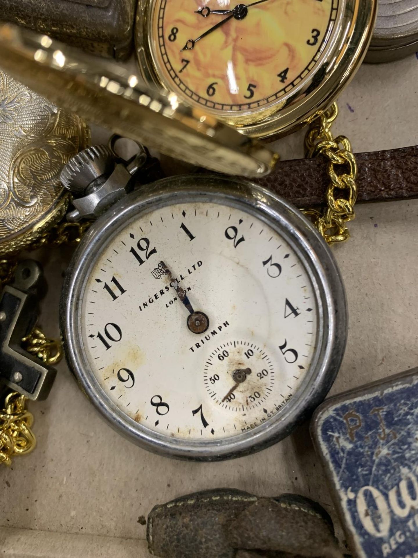 A VINTAGE INGERSOLL POCKET WATCH - A/F, TWO MODERN POCKET WATCHES, A TRIUMPH POCKET WATCH IN CASE, - Image 5 of 5
