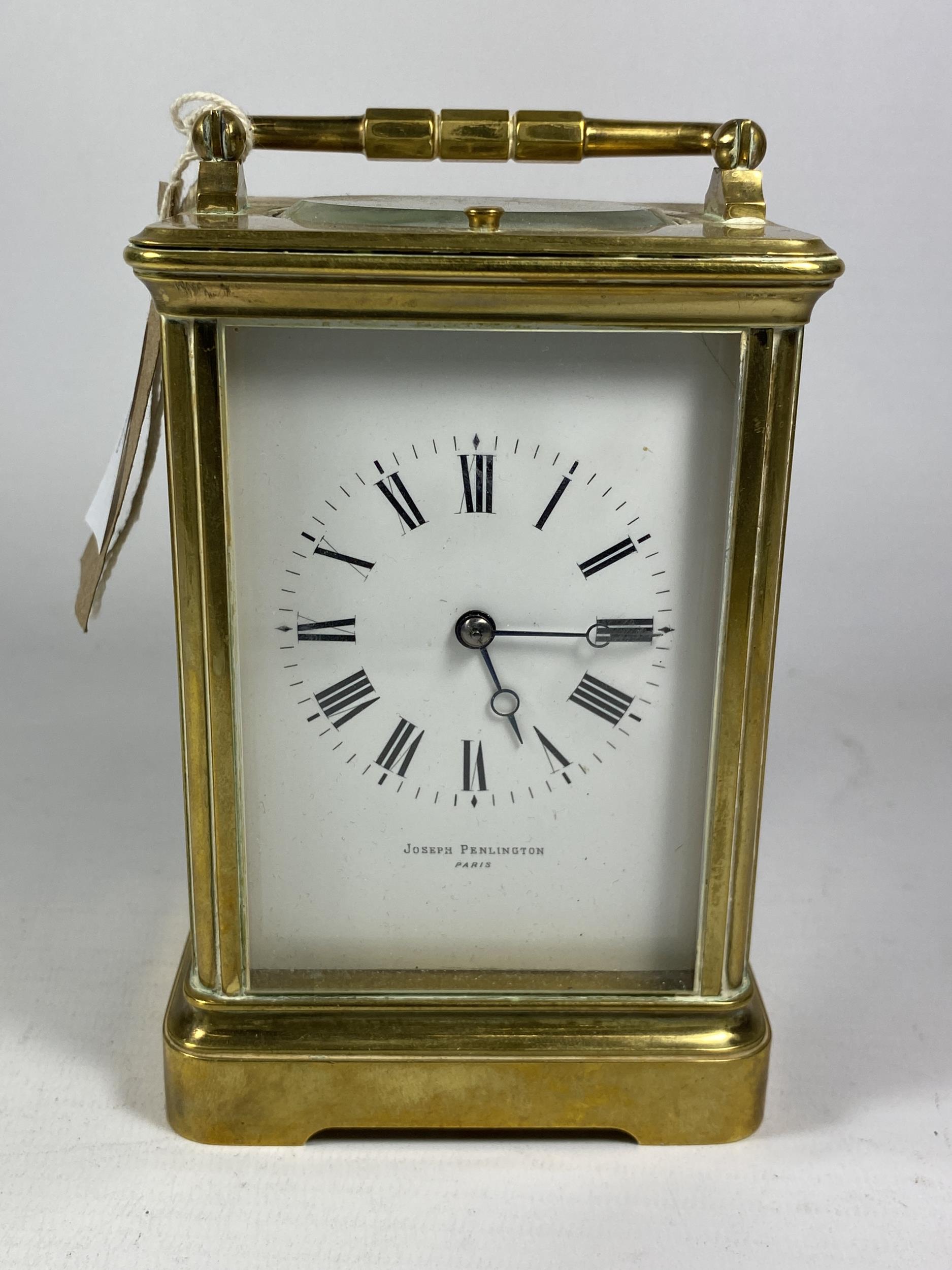 A VINTAGE FRENCH BRASS CASED JOSEPH PENLINGTON, PARIS CARRIAGE CLOCK, HEIGHT 18CM