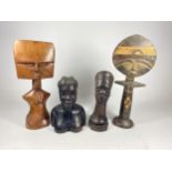 A GROUP OF FOUR VINTAGE TRIBAL FIGURES TO INCLUDE UNUSUAL FERTILITY FIGURE