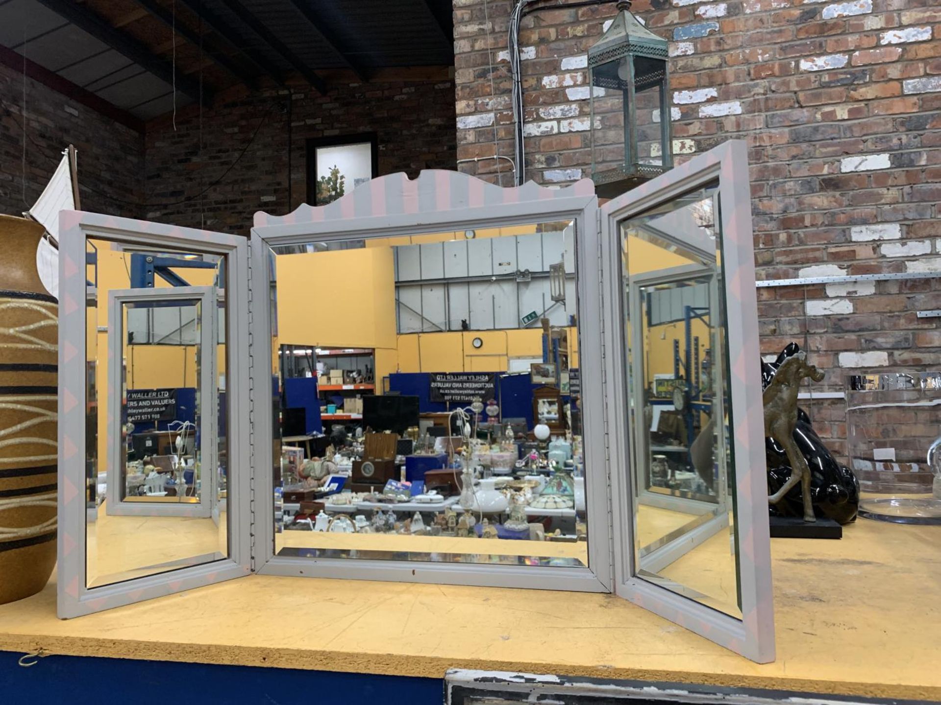 A THREE SECTION GREY PAINTED 'TOLEDO' MIRROR