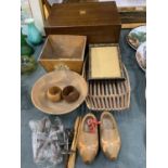 VARIOUS ITEMS TO INCLUDE A MAHOGANY WRITING SLOPE, TREEN CLOGS, BOWL, PLANTER ETC