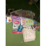 A QUANTITY OF BOOKS, MOSHI MONSTER CARDS, VINTAGE PAPER BAGS ETC