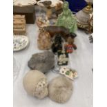 A MIXED LOT TO INCLUDE BIRD FIGURES, A LADY FIGURINE, TREEN HIPPO, GLASS ANIMALS, CHESS PIECE