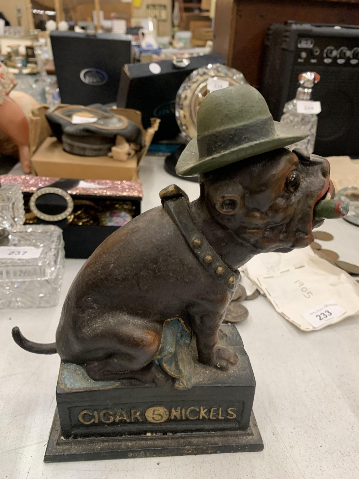 A VINTAGE STYLE CAST 'OLE PUFFER' DOG MONEY BANK