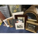A QUANTITY OF FRAMED AND UNFRAMED PRINTS PLUS A GILT FRAMED OVAL WALL MIRROR