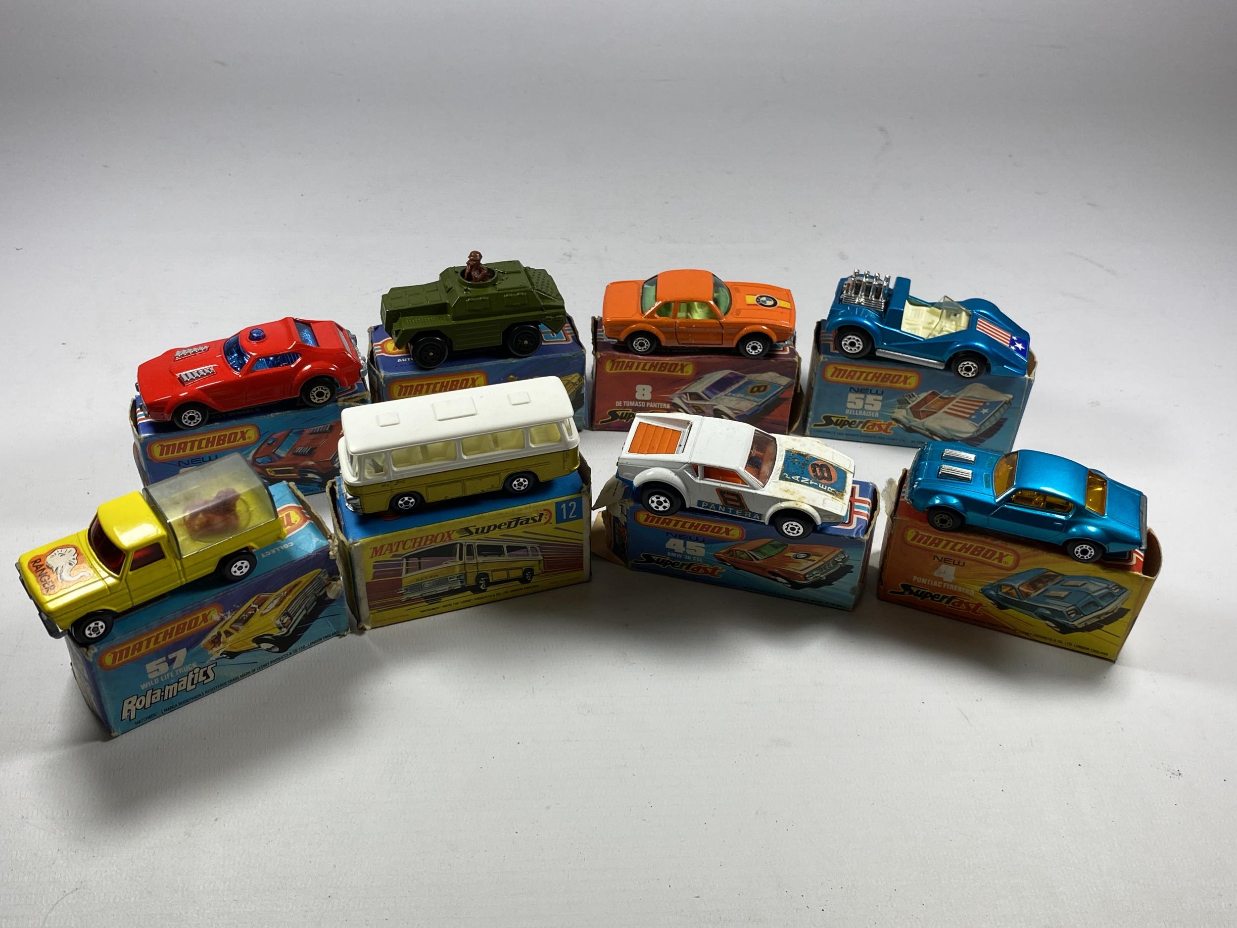 A GROUP OF SEVEN BOXED MATCHBOX DIECAST MODELS TO INCLUDE ROLAMATIS & SUPERFAST EXAMPLES