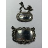 TWO HALLMARKED SILVER SHERRY DECANTER LABELS TO INCLUDE A VICTORIAN EXAMPLE