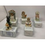 FIVE BOXED ROYAL ALBERT BEATRIX POTTER FIGURES TO INCLUDE LITTLE BLACK RABBIT, MISS DORMOUSE, THE