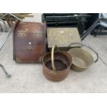 AN ASSORTMENT OF ITEMS TO INCLUDE A BRASS JAM PAN, COPPER COAL BUCKET AND A WOODEN PERDONIUM ETC