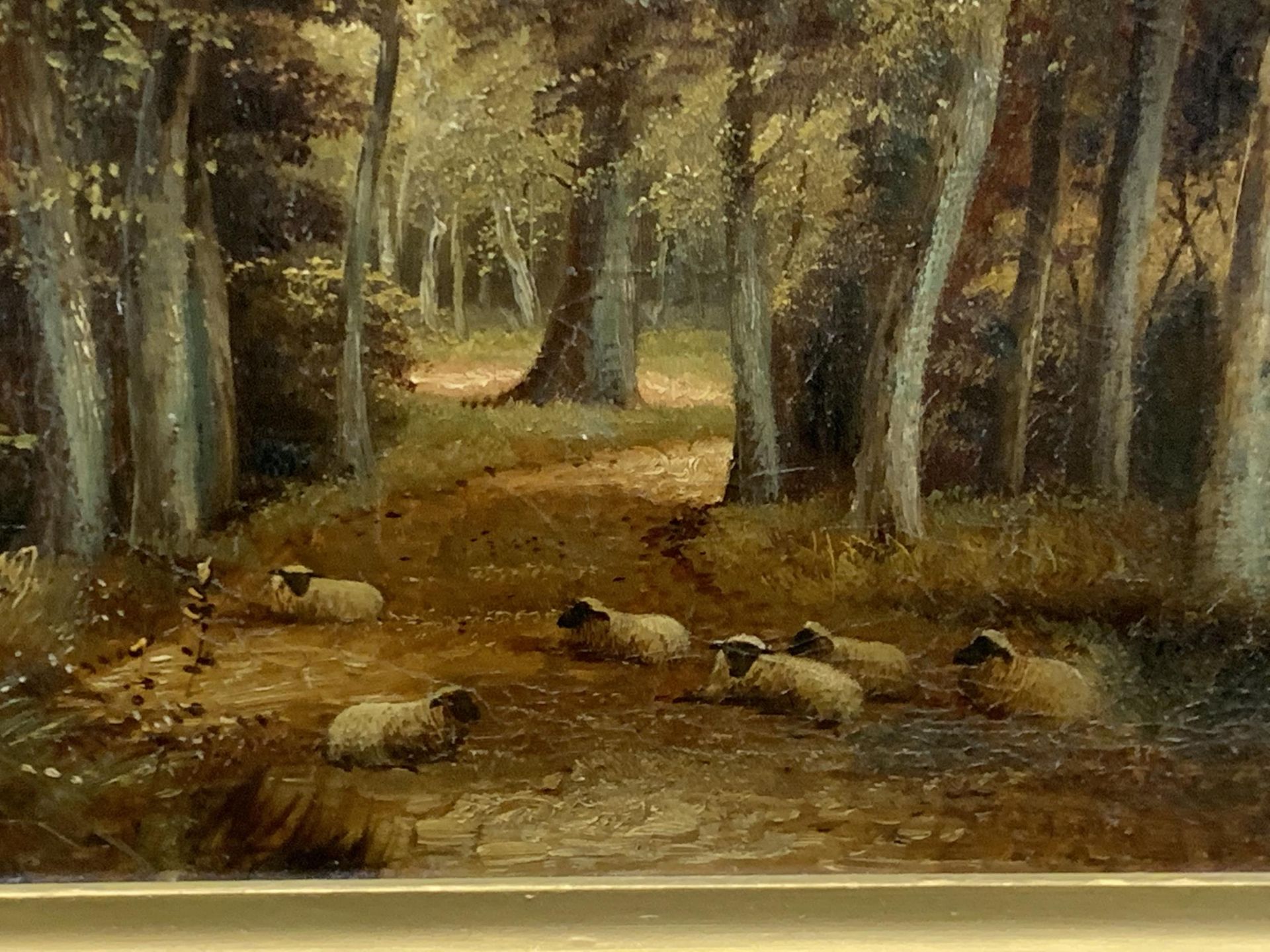 A GILT FRAMED OIL PAINTING OF SHEEP IN A FOREST LANDSCAPE, SIGNED J.MORRIS, 47 X 68CM - Image 7 of 8