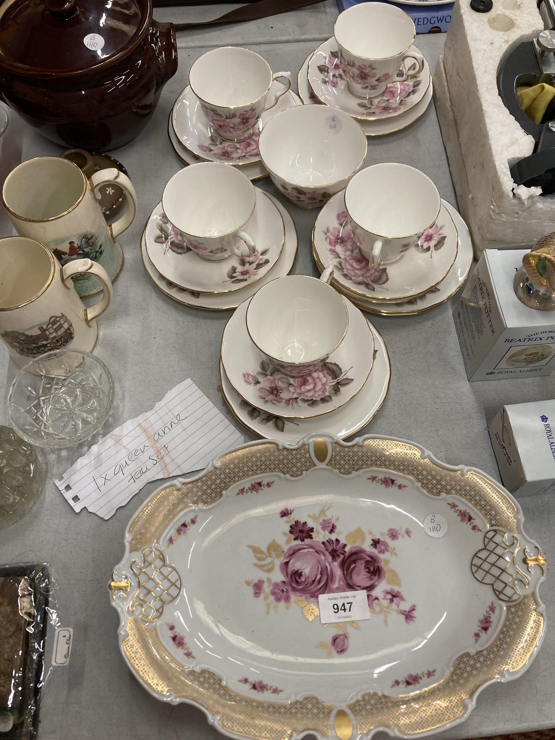 A QUEEN ANNE VINTAGE TEASET TO INCLUDE CUPS, SAUCERS, SIDE PLATES AND SUGAR BOWL PLUS A FLORA