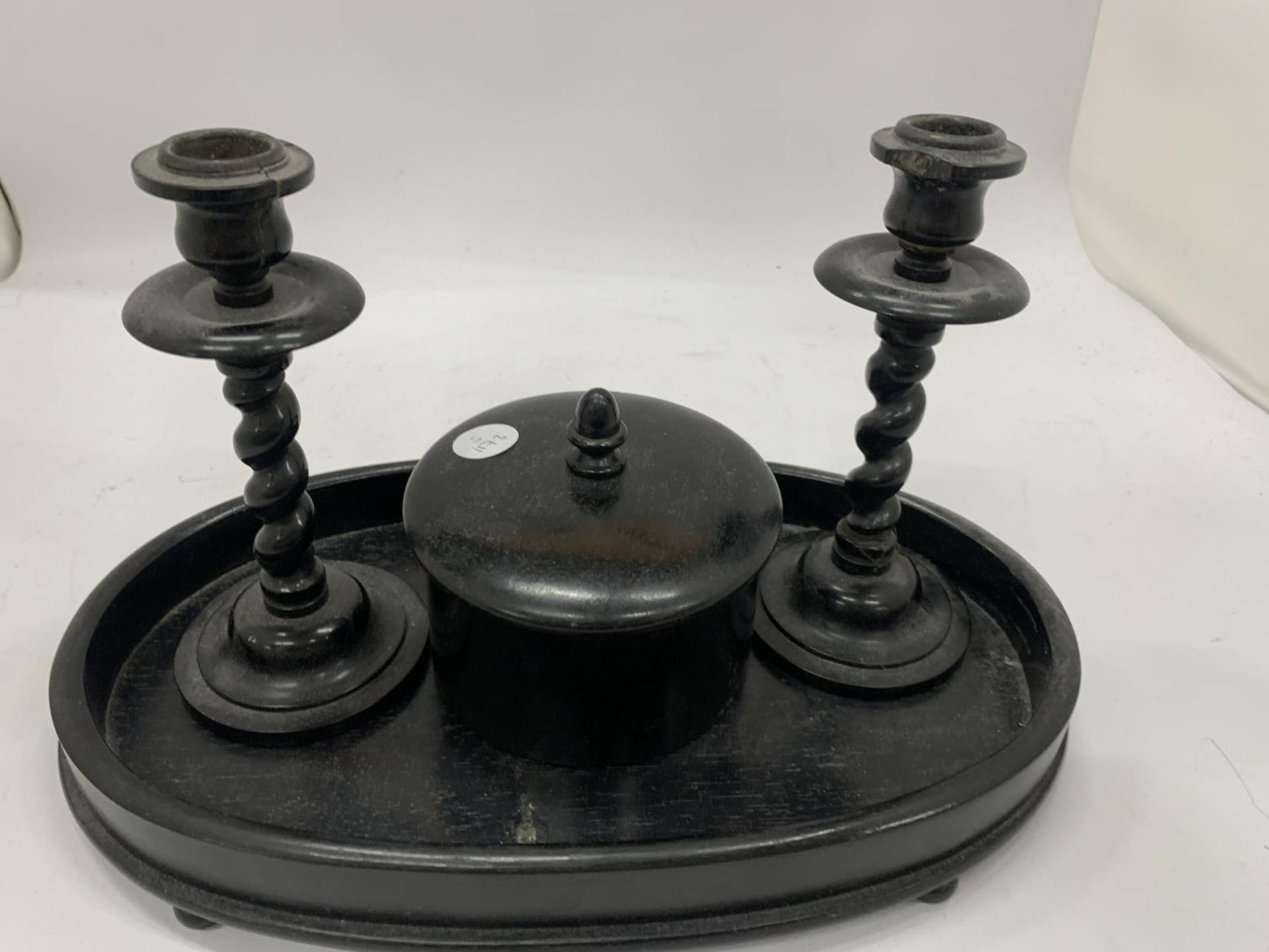 AN EBONY DRESSING TABLE SET TO INCLUDE A TRAY, CANDLESTICKS AND A TRINKET BOWL - Image 2 of 8