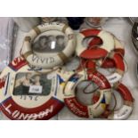 A COLLECTION OF VINTAGE DECORATIVE 'LIFE BELTS' WITH SHIPS NAMES ON TO INCLUDE CANBERRA, IBERIA, HMS