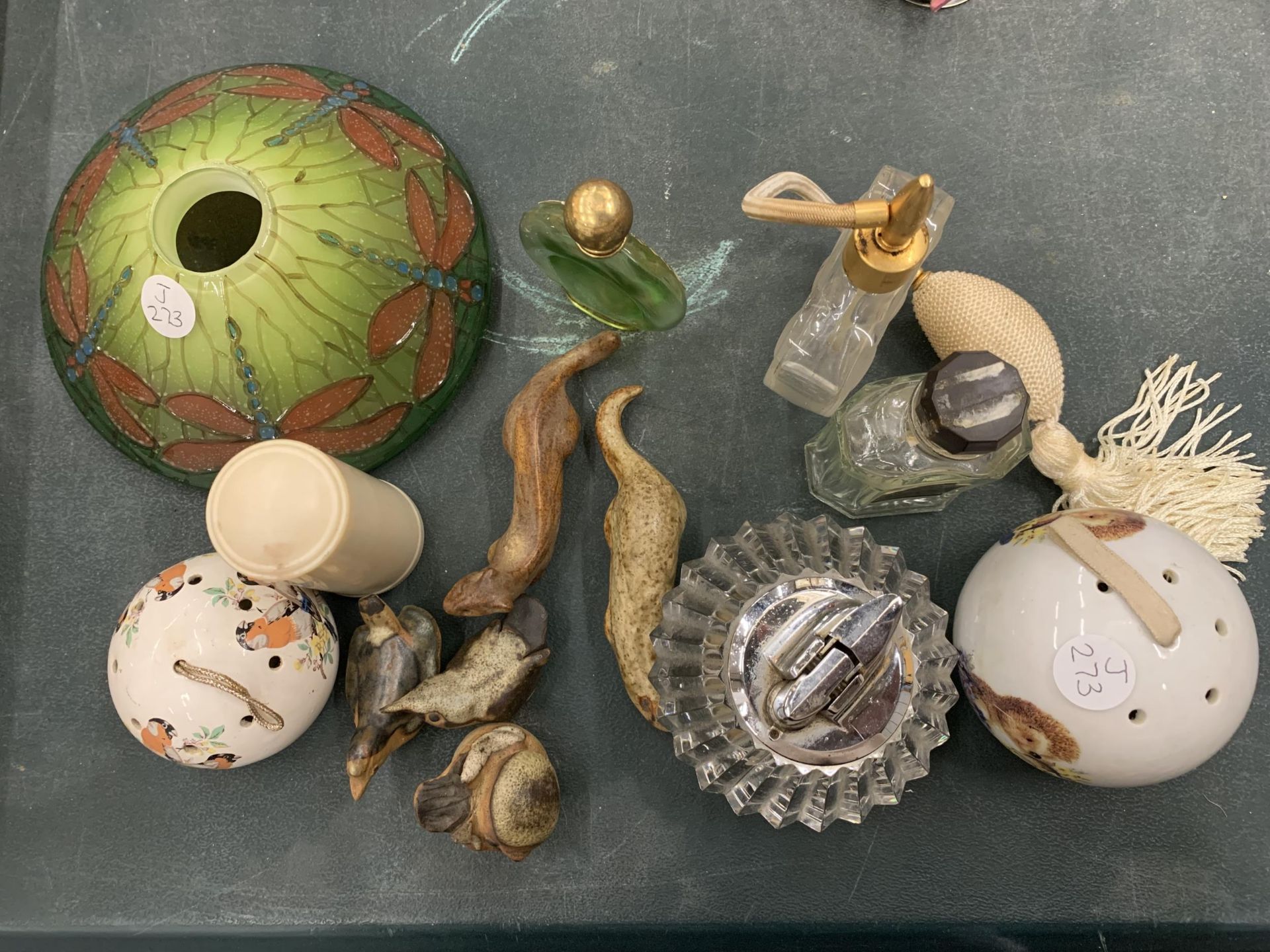 A MIXED LOT TO INCLUDE SCENT BOTTLES POMANDERS, FIGURES, ETC