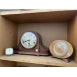 THREE VARIOUS CLOCKS TO INCLUDE AN OAK NAPOLEANS HAT WESTMINISTER CHIMING CLOCK ETC