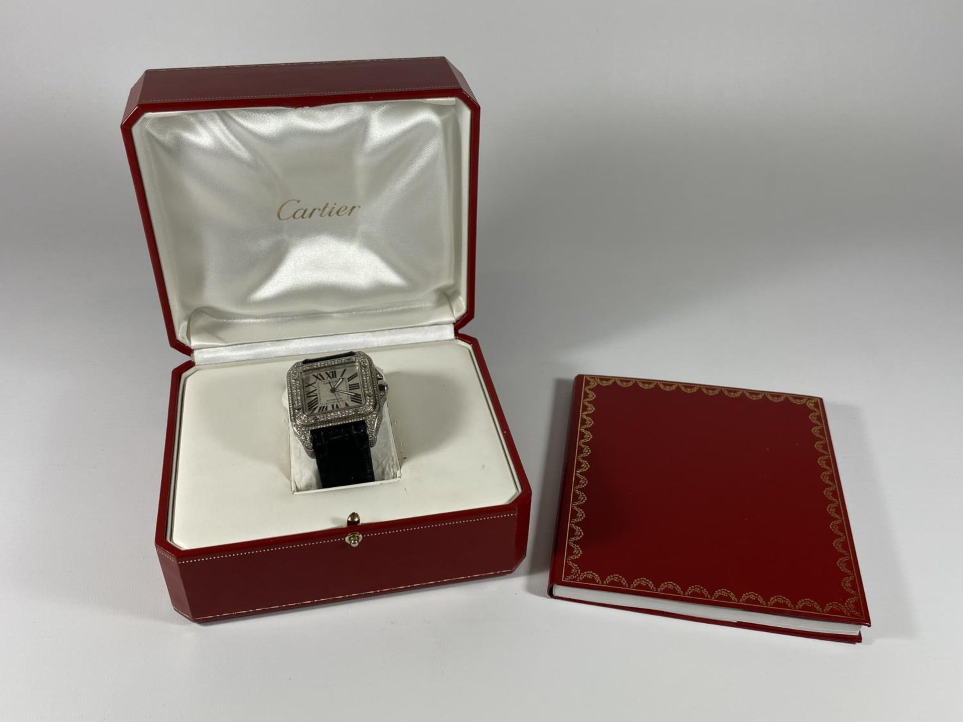 A BOXED GENTS CARTIER SANTOS AUTOMATIC WATCH WITH DIAMOND SET DIAL, WORKING AT TIME OF CATALOGING - Image 2 of 16