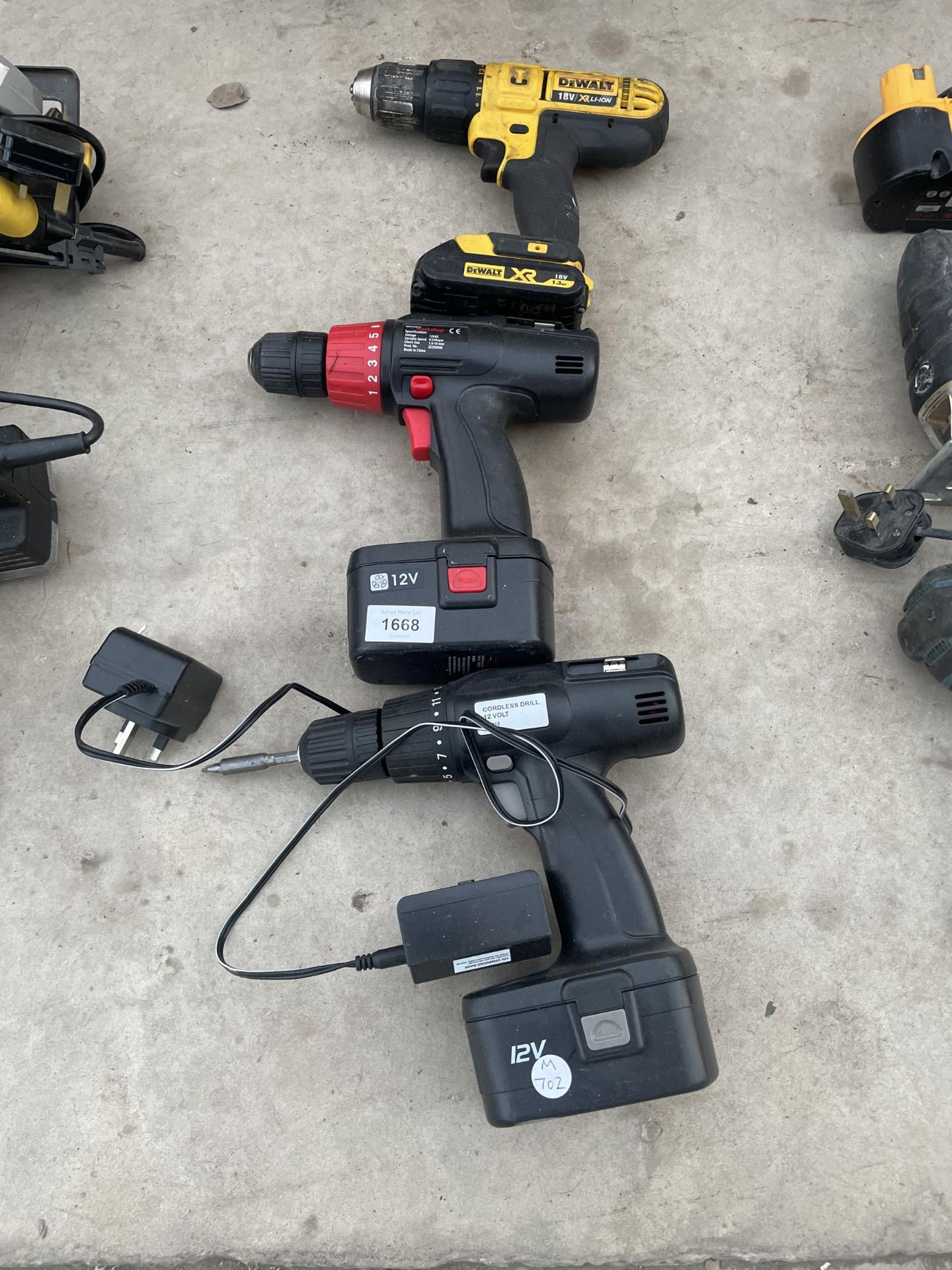 THREE BATTERY DRILLS TO INCLUDE AN 18V DEWALT