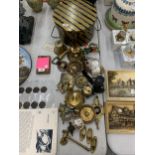 A LARGE COLLECTION OF BRASS ITEMS TO INCLUDE BELLS, FIGURES, ETC PLUS WATCH FACES, A CIGARETTE CASE,