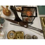 A MIXED LOT TO INCLUDE A JAPANESE DOLL IN A GLASS CASE, LARGE FIGURINE, VINTAGE UMBRELLA, WALKING