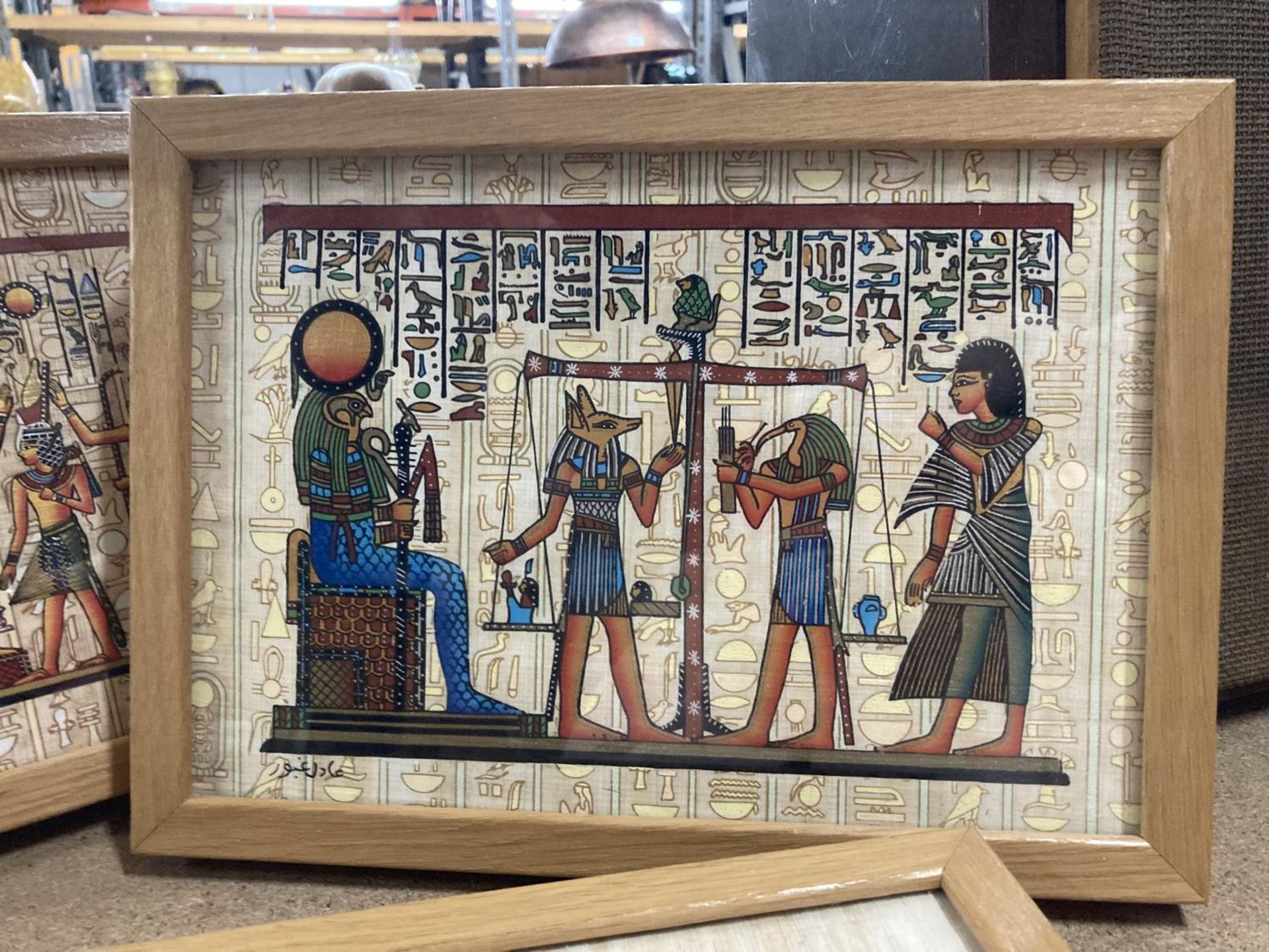 THREE FRAMED EGYPTIAN PRINTS ON PAPYRUS - Image 2 of 3