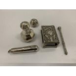 A MIXED LOT OF HALLMARKED SILVER ITEMS, MATCH CASE HOLDER, PEPPERETTE ETC