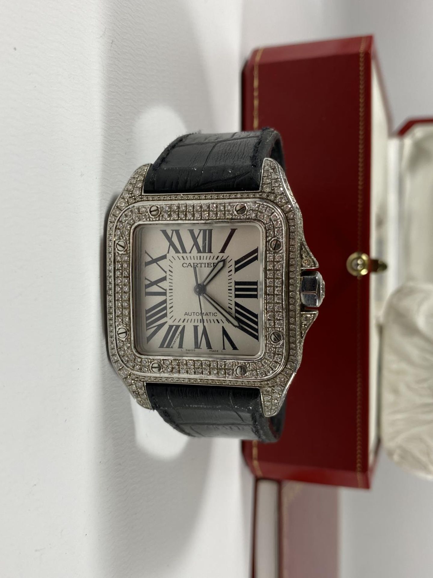 A BOXED GENTS CARTIER SANTOS AUTOMATIC WATCH WITH DIAMOND SET DIAL, WORKING AT TIME OF CATALOGING - Image 6 of 16