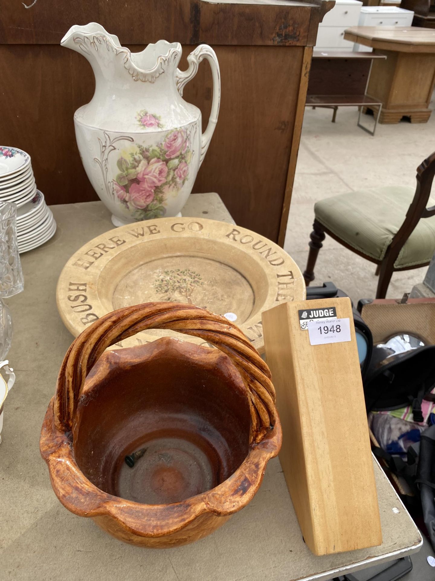 A LARGE CERAMIC WASH JUG, A STONEWARE BOWL AND A KNIFE BLOCK ETC