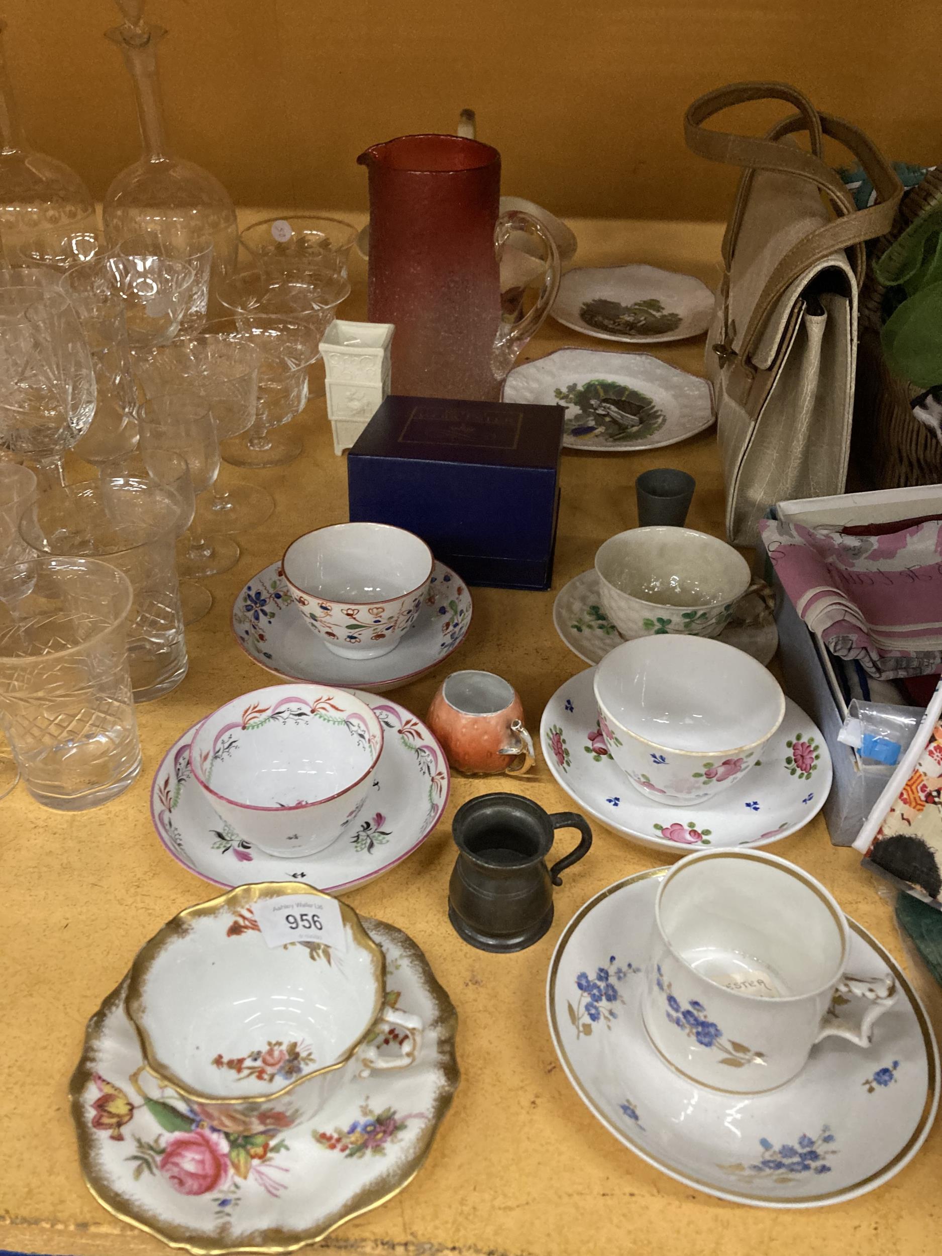 A QUANTITY OF ITEMS TO INCLUDE A BALLEEK CUP AND SAUCER WITH SHAMROCK DESIGN, TEA BOWLS AND SAUCERS,