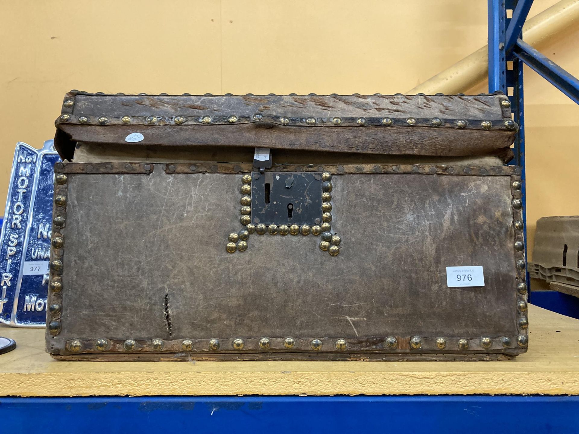 A VICTORIAN PONY SKIN TRUNK WITH DOMED TOP WITH THE INITIALS W. F. HEIGHT 30CM, WIDTH 50CM, DEPTH