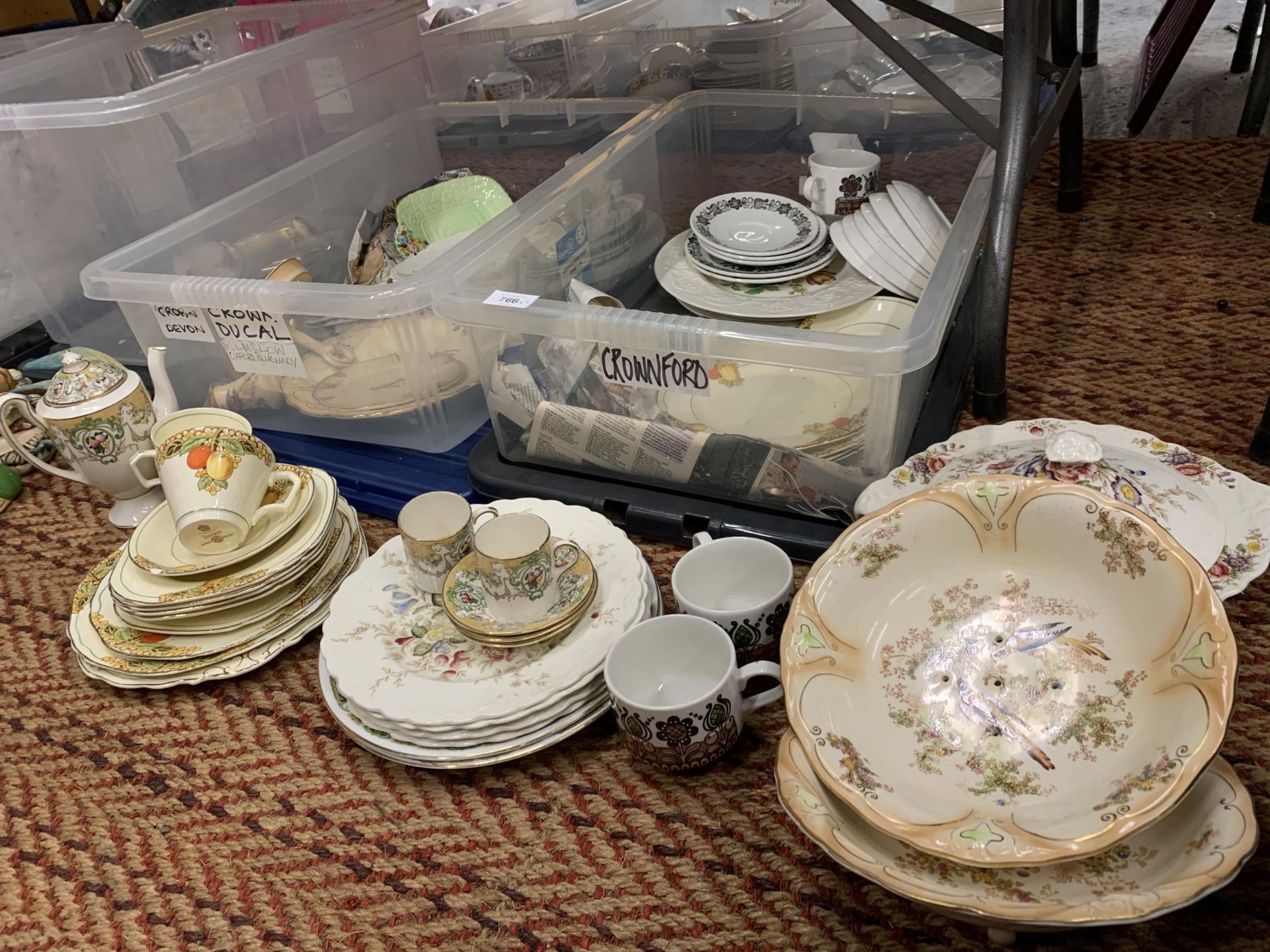 TWO BOXES OF ASSORTED CHINA TO INCLUDE CROWNFORD 'EDEN' PATTERN, BOOTHS, ETC