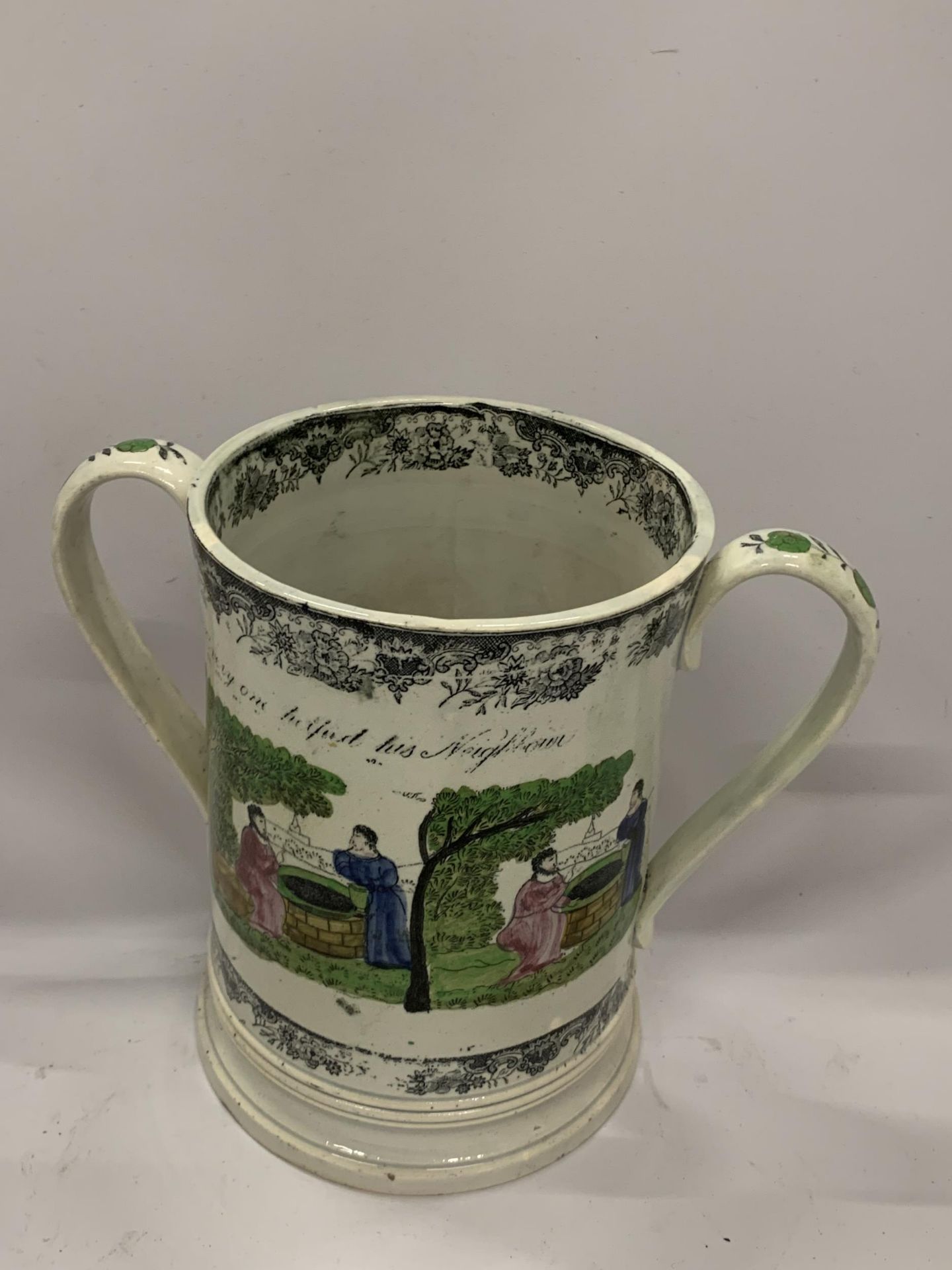 AN EARLY STAFFORDSHIRE MASONIC LOVING CUP, HEIGHT 21CM