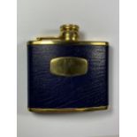 A VINTAGE GOLD PLATED AND BLUE LEATHER HIP FLASK