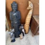 AN ASSORTMENT OF WOODEN FIGURES TO INCLUDE CATS AND A FEMALE ETC