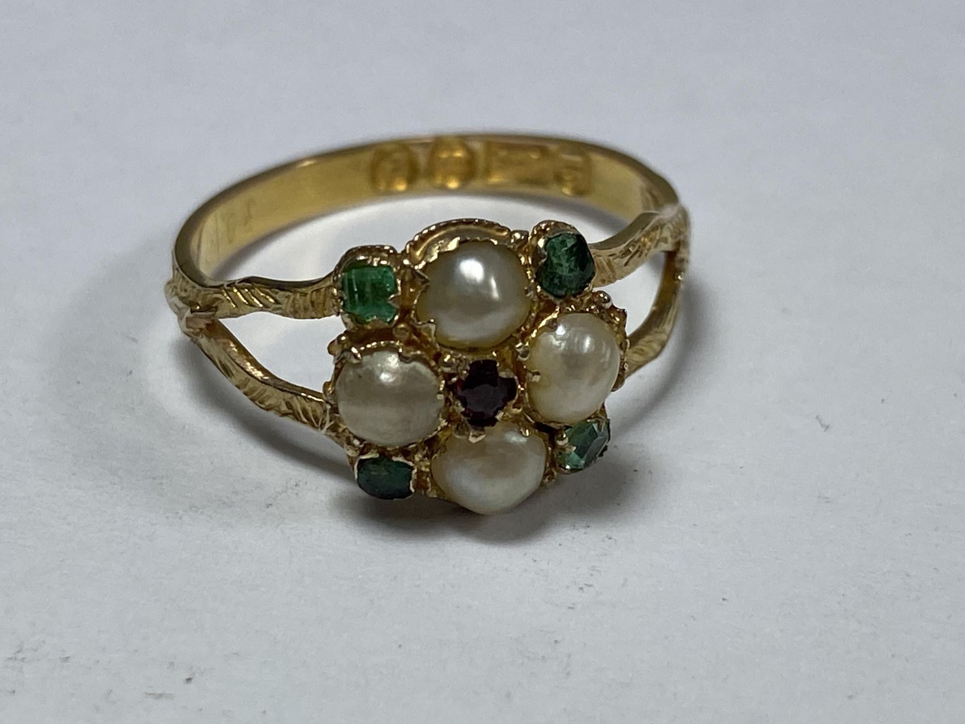 A 15CT YELLOW GOLD LADIES PEARL, CITRINE AND RUBY FLORAL CLUSTER RING, WEIGHT 1.84G