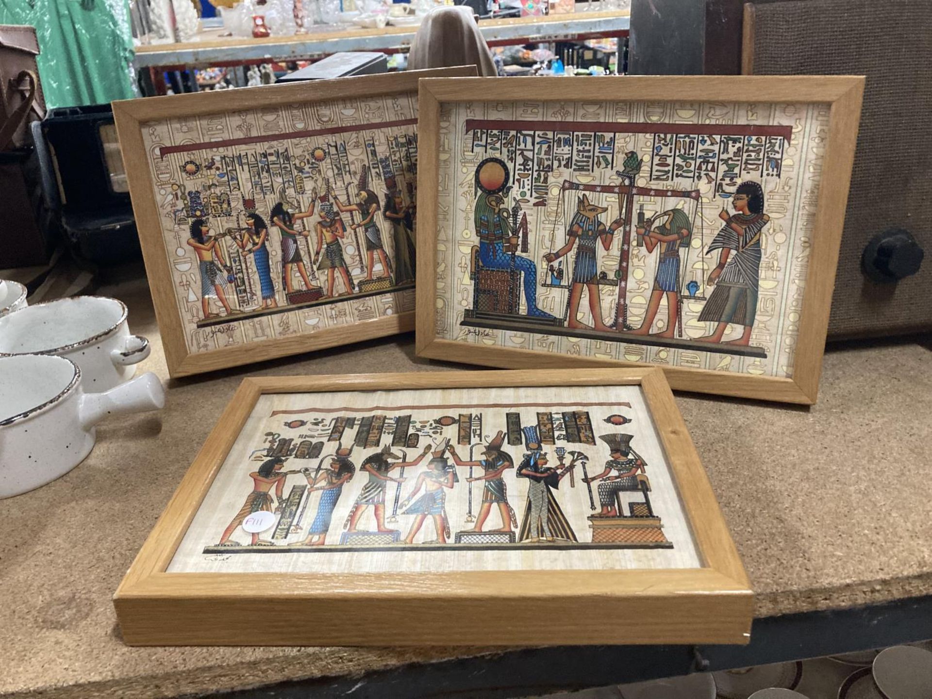 THREE FRAMED EGYPTIAN PRINTS ON PAPYRUS